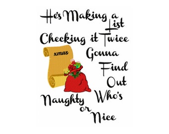 Naughty or Nice, Santas List Christmas Design, Christmas List  Santa Sack Embroidery, Santa Claus Nice List, Naughty List