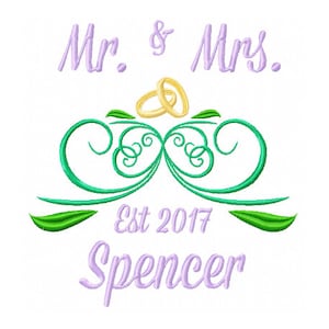May include: A purple and green embroidered design with the text "Mr. & Mrs. Est 2017 Spencer" and two gold rings.