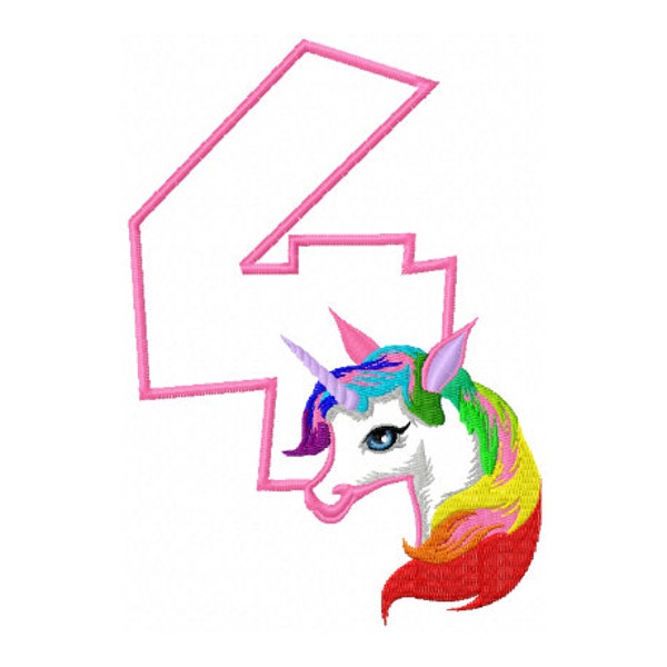 4th Birthday Applique Design - Girls Birthday Applique Design - Rainbow Unicorn Applique Design - Rainbow Applique Design - Girls Unicorn