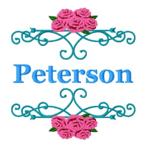 May include: A teal blue decorative scroll with pink roses at the top and bottom. The name "Peterson" is centered in the middle of the scroll.