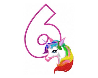 6th Birthday Applique Design - Rainbow Unicorn Applique Design - Rainbow Applique Design - Girls Birthday Unicorn Design - Sixth Birthday