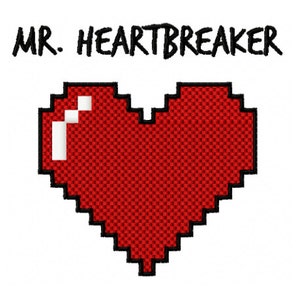 May include: A pixelated red heart with a white pixelated area in the upper left corner. The text "MR. HEARTBREAKER" is written in black above the heart.