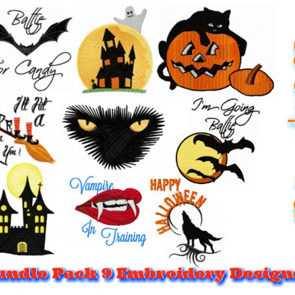 Halloween Embroidery Design Pack - Black Cat Embroidery Design - Vampire Embroidery Design - Halloween Embroidery Bundle - Embroidery Set