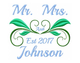 Mr and Mrs Wedding Embroidery Design: Heart Leaves Monogram (Digital Design)