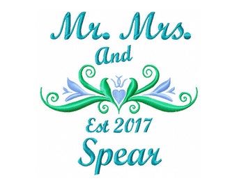 Mr and Mrs Wedding Monogram Embroidery Design with Hearts (Digital Design)