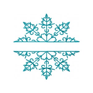 Pode incluir: Um desenho de floco de neve azul turquesa com um espaço em branco no centro para texto. O floco de neve é um desenho simétrico com detalhes intrincados.