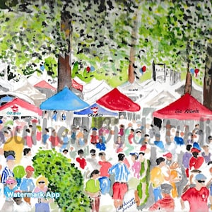 Puede incluir: Pintura a la acuarela de un evento al aire libre concurrido con tiendas de campaña y gente. Las tiendas tienen toldos rojos y azules con las palabras "Rebels" y "Ole Miss". La escena está ambientada bajo árboles con follaje verde.