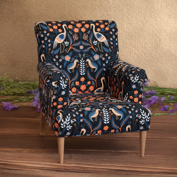 1/4 scale Doll Chair with Cotton Upholstery, Traditional Pattern, Birds & Flowers on Black Fabric, Doll Furniture, Doll Armchair