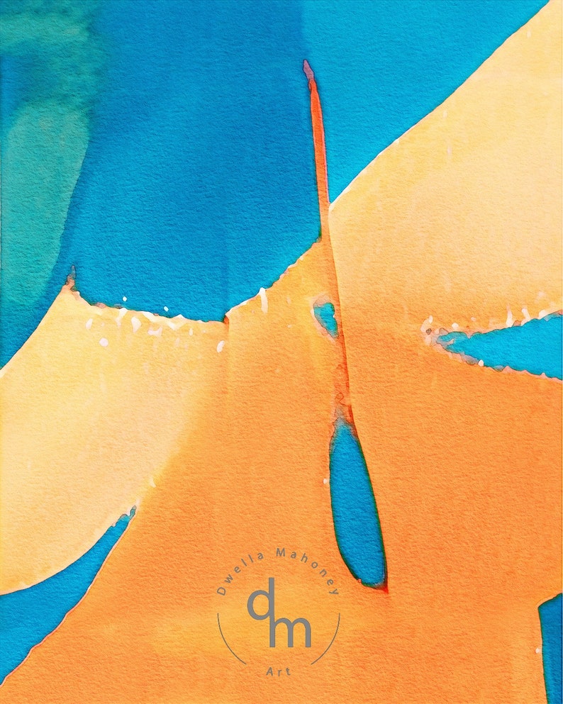 Digital Download Poster Printable Wall Art Orange and Teal Abstract Watercolor Flower Painting Print