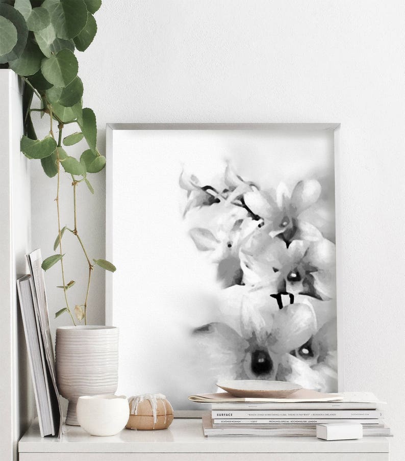 Black White Grey Flower Painting Large Art Print Wall Art Etsy