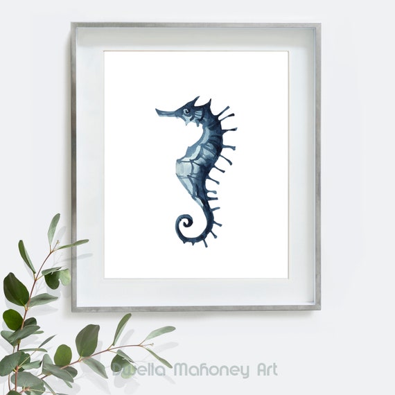 Blue Seahorse Bathroom Wall Art Watercolor Print Bedroom Wall Etsy