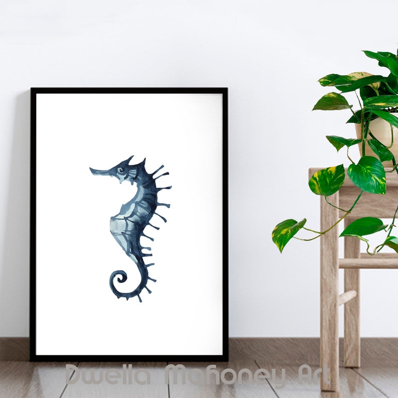 Blue Seahorse Bathroom Wall Art Watercolor Print Bedroom Wall Etsy