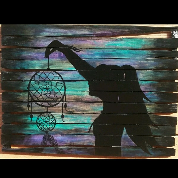 Girl holding dream catcher, pallet painting, silhouette paintings, #wood wall decor, #mothers day gifts, dream catcher art, painted pallet