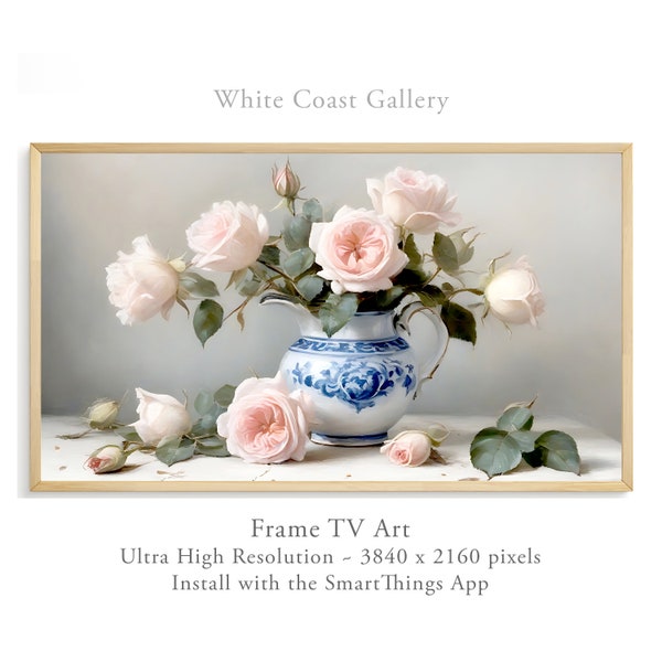 Samsung Frame TV art, white pink Roses, Frame tv paintings, Vintage shabby floral TV art, Cottagecore TV art, Roses art Botanical tv Art