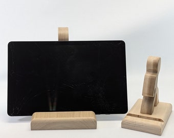 Soporte de madera para tableta y teléfono móvil hecho a mano: Diseño de hombre trabajador
