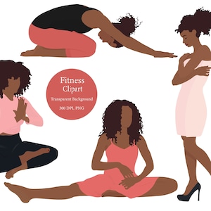 Yoga Clipart, Meditation Girl Clipart, Black Woman Fitness, Curvy Girl, Stretch Clipart, Self Care, Afro Clipart, Workout, Digital Sticker
