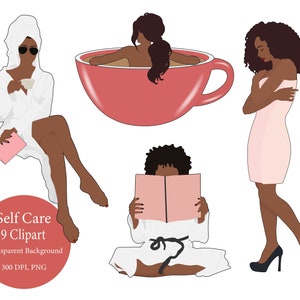 Spa Girl Clipart, Black Beauty, Self Care Clipart, Reading Clipart, Cozy Clipart, Bath Clipart, Coffee Clipart, Digital Planner Stickers