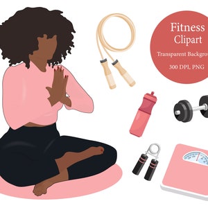 Fitness Clipart, Curvy Girl, Black Girl Stickers, Yoga, Sport, Workout, Exercise, Black Woman Stickers, African American, Digital Planner