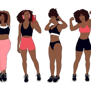 Clipart d'entraînement, autocollants de fille de forme physique, art de femmes noires, puissance de fille, clipart de carnet, clipart d'Afro, filles bien roulées, sports, numérique
