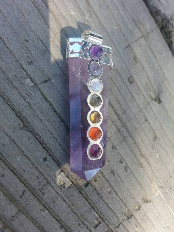 Chakra Pendant/ Amethyst/ Crystal Pendant/ Craft Supplies/ Stone/ Necklace/ Gems/ Beads/ Unique Gift/ Purple/ Rainbow