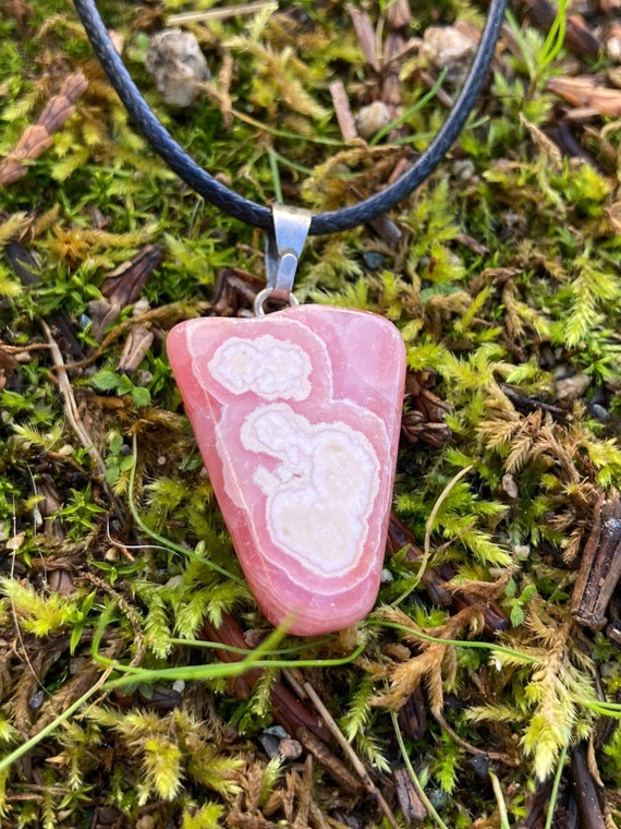 Rhodochrosite Necklace_ Pink Crystal Necklace_ Heart Chakra_ Sacred Geometry_  Handmade Jewelry_ Leather Cord Necklace_ Crystal Pendant