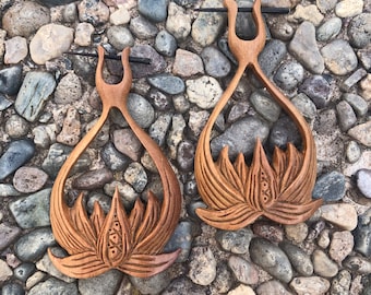 Handmade Lotus Wood Dangle Earrings: Horn Peg Clasp, Sacred Geometry