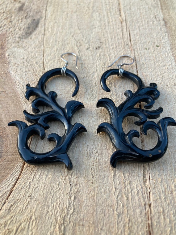 Bone Earrings Black_ Sterling Silver_ Handmade Jewelry_ Burner Gear_ Unique Gift for Her_ Dangle & Drop Earrings_ Metaphysical Jewelry