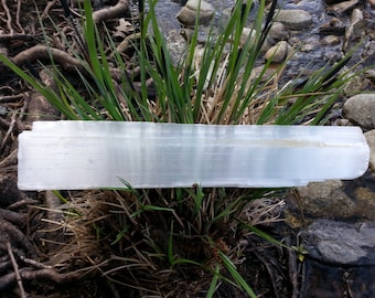 May include: A large, white selenite crystal slab, resting on a bed of green grass and brown roots. The crystal is smooth and translucent, with visible striations.