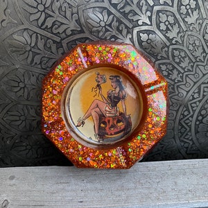 Sparkly Resin Halloween Themed Vintage Pin-up Girl with Mask/Halloween Kitsch