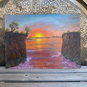 Vintage Oil Landscape Painting/Oil Sunset over Cliffs and Ocean