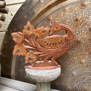 Carved Wooden Bird with Inlaid Design/Carved Wood Stylized Bird Statue