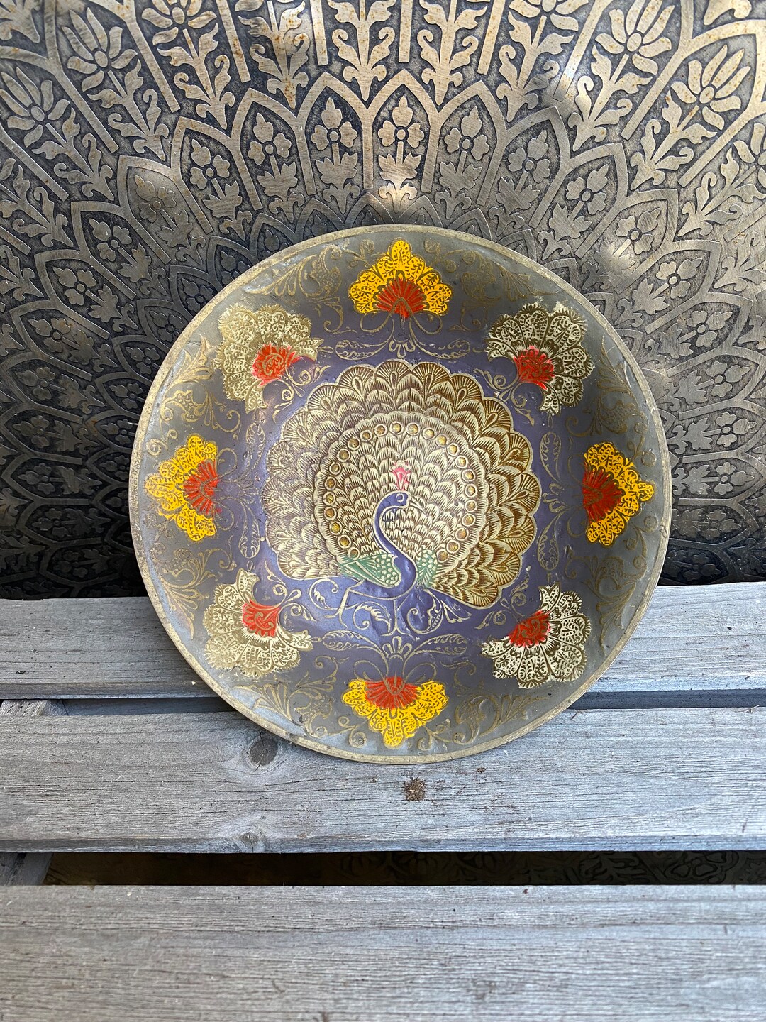 Brass and Enamel Peacock Bowl/brass Bowl/peacock Motif/decorative Brass