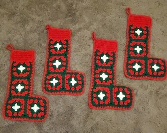 Christmas Stockings, Traditional Crochet Granny Square, Made to Order