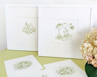 Toile Prints in Green, Little Boy with His Dog, Children's Decor, Nursery Decor