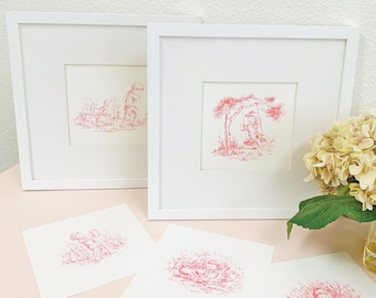 Toile Prints in Pink, Little Boy with His Dog, Children's Decor, Nursery Decor