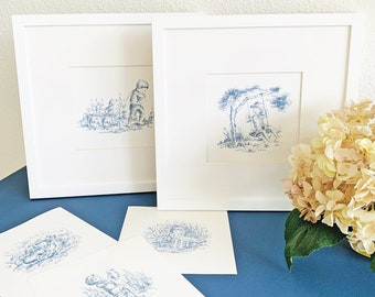 Toile Prints in Blue, Little Boy with His Dog, Children's Decor, Nursery Decor