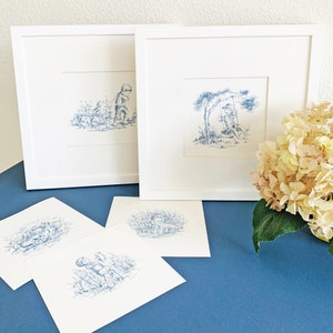 Toile Prints in Blue, Little Boy with His Dog, Children's Decor, Nursery Decor