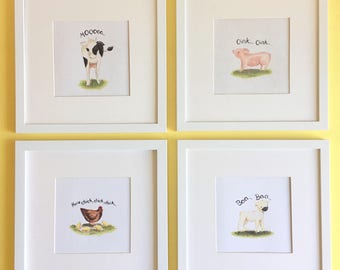 Farm Prints, pig print, chicken print, cow print, lamb print, farm decor, buy four and save,set of 4, childrens prints, baby and kids art,