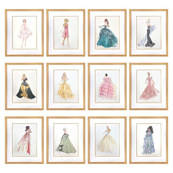 Evening Dress Couture Fashion Print, Robert Best Art, Modern Gold Frame,  Wall Decor 16x20, Barbie Decor