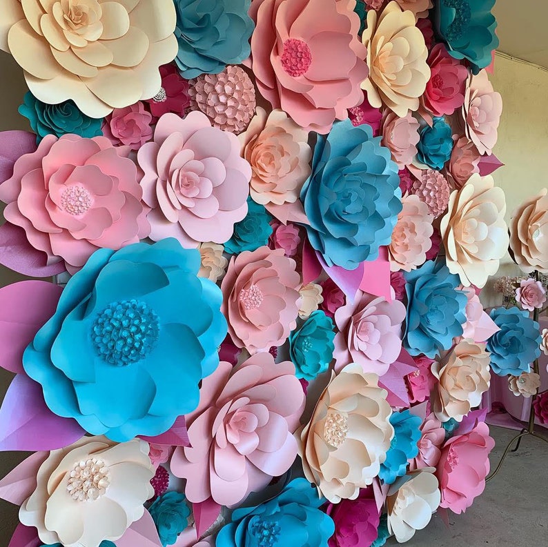 Flower Backdrop Wall Rental Wall 33 Mix Blue Shades, and Light Pink