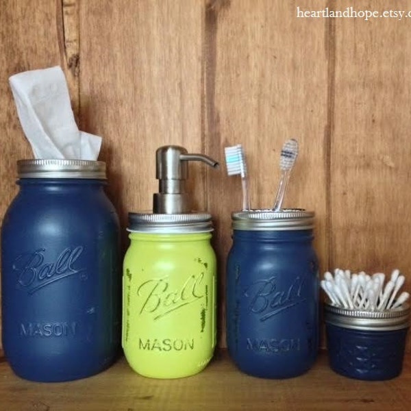 Seattle Seahawks - Mason Jar Bathroom Accessories Set - 4pc - Rustic Shabby Chic - Football - NFL Team Colors Navy Blue lime green