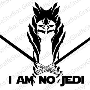 Op de afbeelding: Zwart-witte illustratie van een Star Wars-personage met een woeste uitdrukking. Twee lichtzwaarden zijn gekruist achter het personage. De tekst "I AM NO JEDI" staat onder het personage.