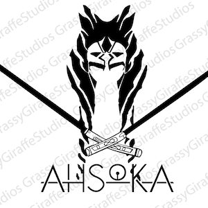 Op de afbeelding: Zwart-witte silhouet van een personage met een lightsaber, de tekst "AHsoka" staat onder het personage.