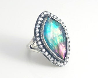 Mother-of-Pearl Crystal Doublet Sterling Silver Ring Exclusive Artisan Jewelry Rainbow Aurora Nacre Solitaire Ring