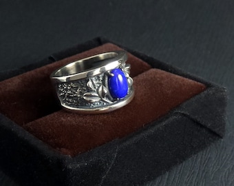 Lapis Lazuli Sterling Silver 925 Rock Textured Band Ring Exclusive Artisan Jewelry - Petragharti Series by RealizedStudio