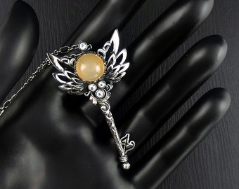 Melon-Orange Moonstone Cat's Eye Silver Angel Wings Key Pendant Exclusive Designer Jewelry - Flight of Dream