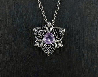 Tulle Trillium Lily Flower Necklace. Lavender Amethyst Silver Pendant. Lace Openwork Pendant Exclusive Designer Jewelry