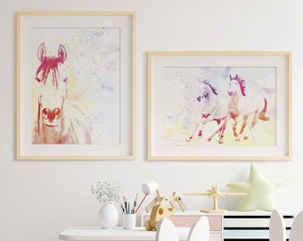 Lot de 2 affiches de chevaux grandes | Affiche cheval 50 x 70 cm ou 70 x 100 cm | Décoration chambre d'enfant | aquarelle