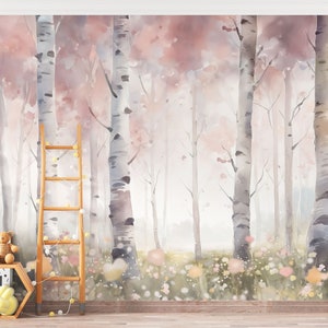 Carta da parati foresta acquerello, dimensioni personalizzate, cameretta bambini, alberi, fiori, natura, cameretta per neonati