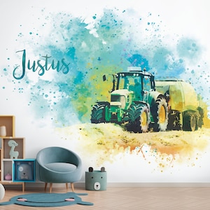 Traktor Tapete mit Namen personalisierte Kinderzimmer Tapete Bild 1